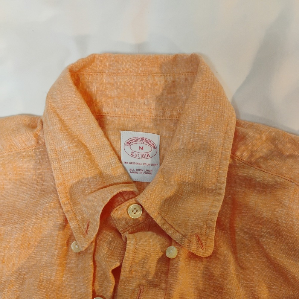 Brooks Brothers Shirt Med 100% Irish Linen Summer Casual‎ orange preppy